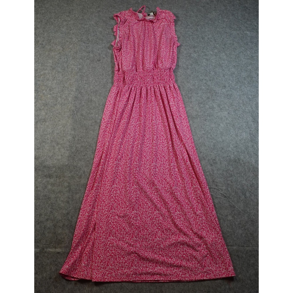 Halston Dress Womens Large Pink Maxi Floral Ruffle Cap Sleeve Knit Smocked Waist